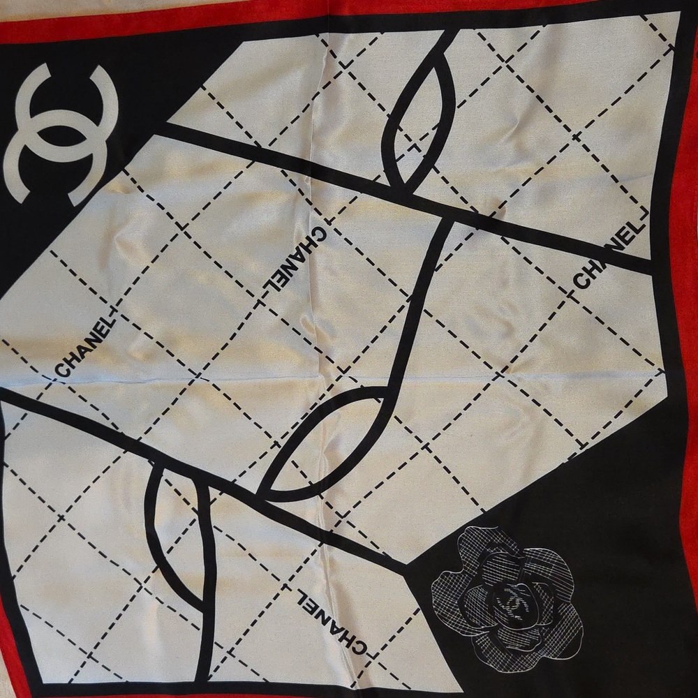 CHANEL Black, White, and‎ Red 100% Silk Scarf - Picture 2 of 7